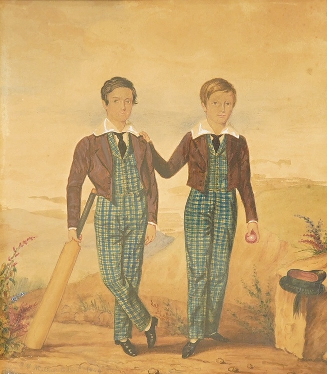 G.M. Mather (19th. C), heightened watercolour, Study of two young cricketers, signed and inscribed Edinburgh 1844, 26 x 23cm, ornate gilt frame. Condition - discoloured